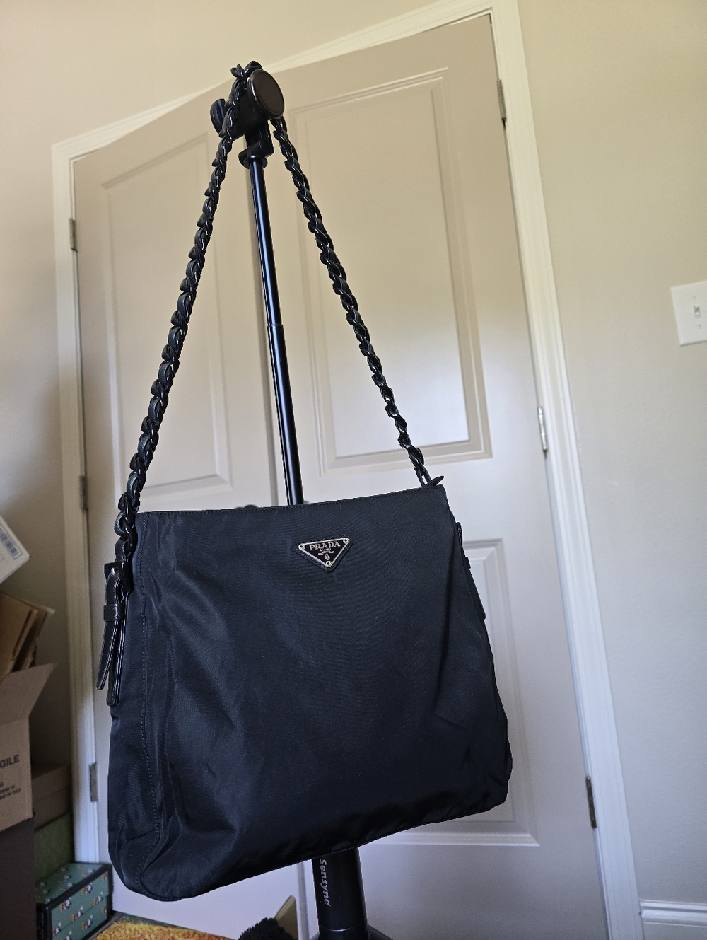 Authentic Prada Nylon Black Shoulder Bag with Braided Leather Chain Strap